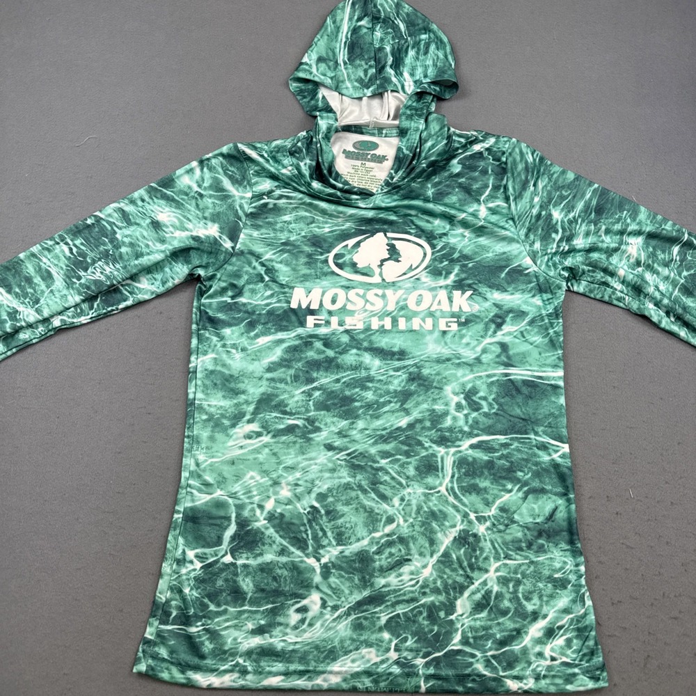 Mossy Oak Fishing Hoodie Mens Med GRN Water Camo Elements Aqua Pullover SEE PICS